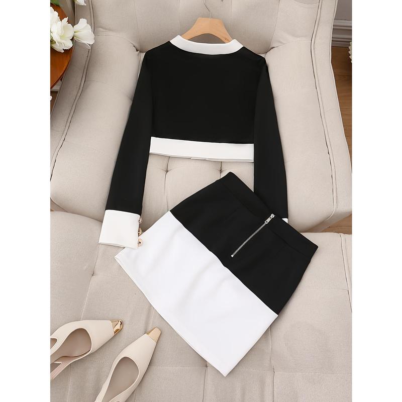 Elegant Black and White Contrast Color Suit Coat with Slim Fit Skirt Suit-Long Sleeves, Button Details, Stretch Fabric, Machine Washable-Perfect Match for Spring and Autumn Season
